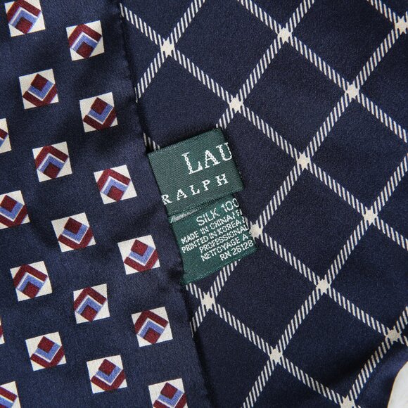 LAUREN RALPH LAUREN 100% Silk Navy Blue Foulard Print Scarf - Reversible Motif - Picture 8 of 10